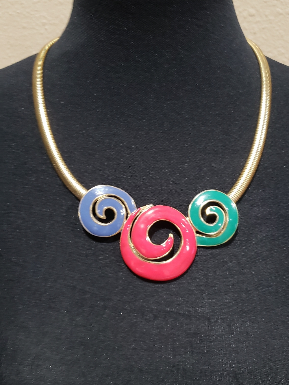 Gold-Tone Necklace with Red, Blue and Green Enamel Spiral